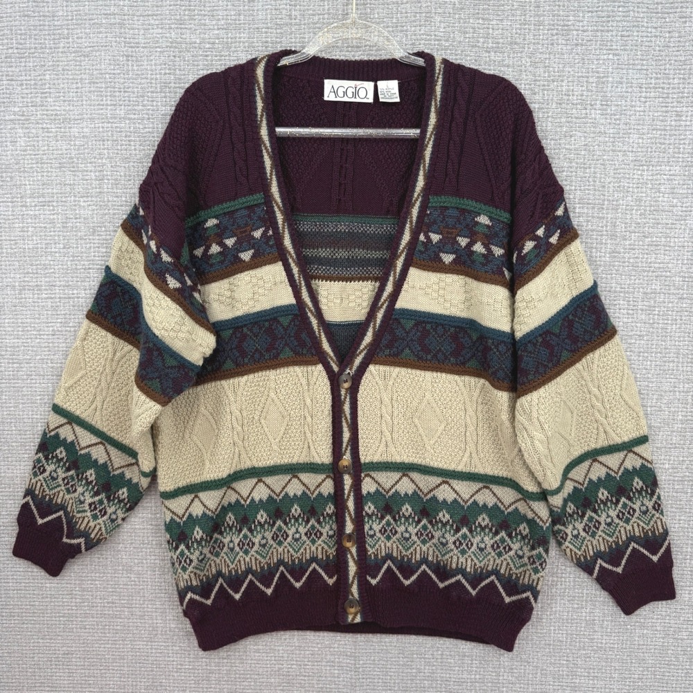 AGGIO Mens L Geo Fair Isle Knit Cardigan Sweater‎ Burgundy Wool Blend Grandpa